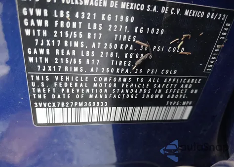 2023 Volkswagen Taos 1.5T S из США, поврежденный, VIN 3VVCX7B27PM369933